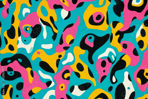 A retro inspired Memphis style pattern with quirky, irregular shapes in bright, playful hues of turquoise, pink, and yellow. The energetic arrangement gives it a fun, nostalgic vibe. photo