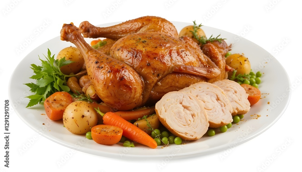 Realistic food image of a conventional roast chicken on a white circular platter with roast potatoes, roast carrots, and peas, set against a white backdrop Realistic food image of a conventional roast chicken on a white circular platter with roast potatoes, roast carrots, and peas, set against a white backdrop