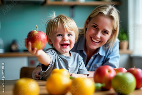 Happy kid boy with blond woman in front of a table full of fruits and vegetables. The boy holds an apple in his hand. Concept of healthy life and developing strong immune system.