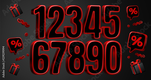 Black Friday Red numbers, volumetric symbols, set of numbers for sale. Vector illustration 