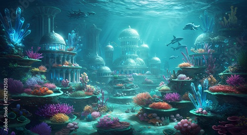 Fototapeta Naklejka Na Ścianę i Meble -  Underwater city showcases stunning architecture surrounded by vibrant coral reefs