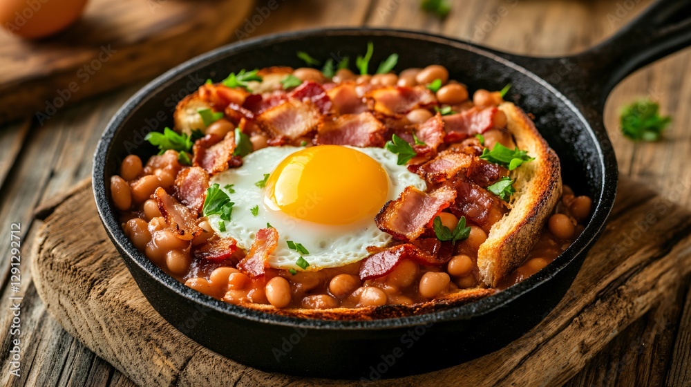 British pub-style beans on toast, served in a vintage cast-iron skillet, topped with crispy bacon and a soft egg, against a rustic tavern wooden background British pub-style beans on toast, served in a vintage cast-iron skillet, topped with crispy bacon and a soft egg, against a rustic tavern wooden background