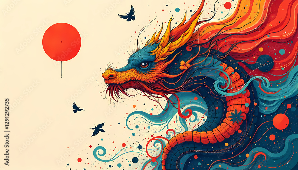 Vibrant Dragon with Abstract Swirls and Birds Vibrant Dragon with Abstract Swirls and Birds