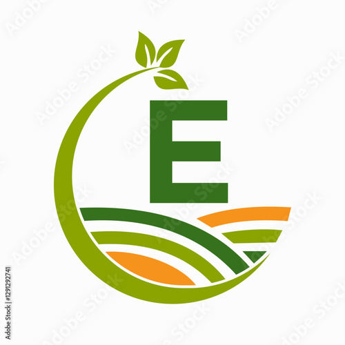 Initial Letter E Agriculture And Farming Logo Combine With Field and Leaf Symbol