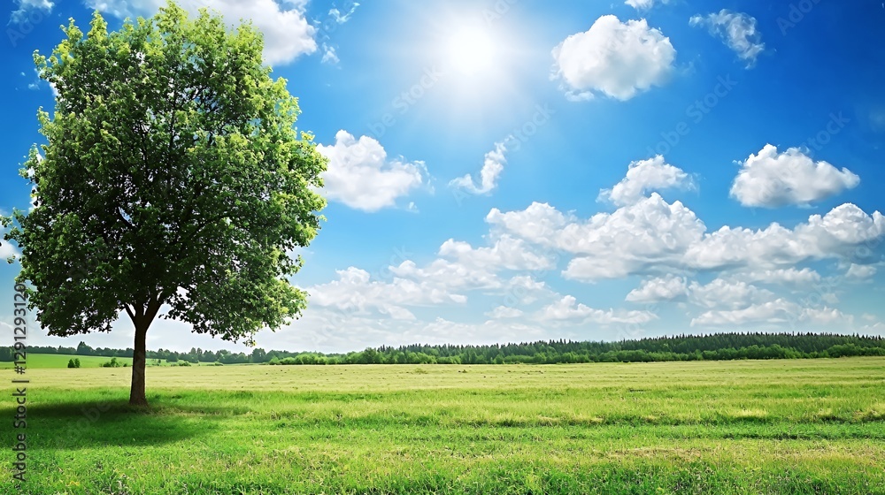 Obraz premium Single Green Tree in a Sunny Field under a Blue Sky
