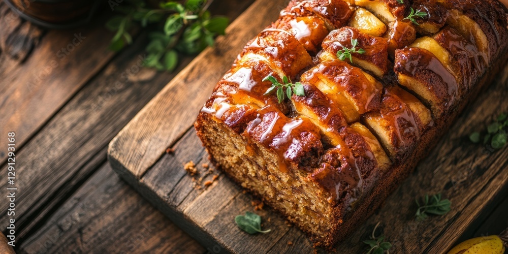 Fototapeta premium Decadent Banana Bread with Caramelized Apples on Rustic Wooden Board