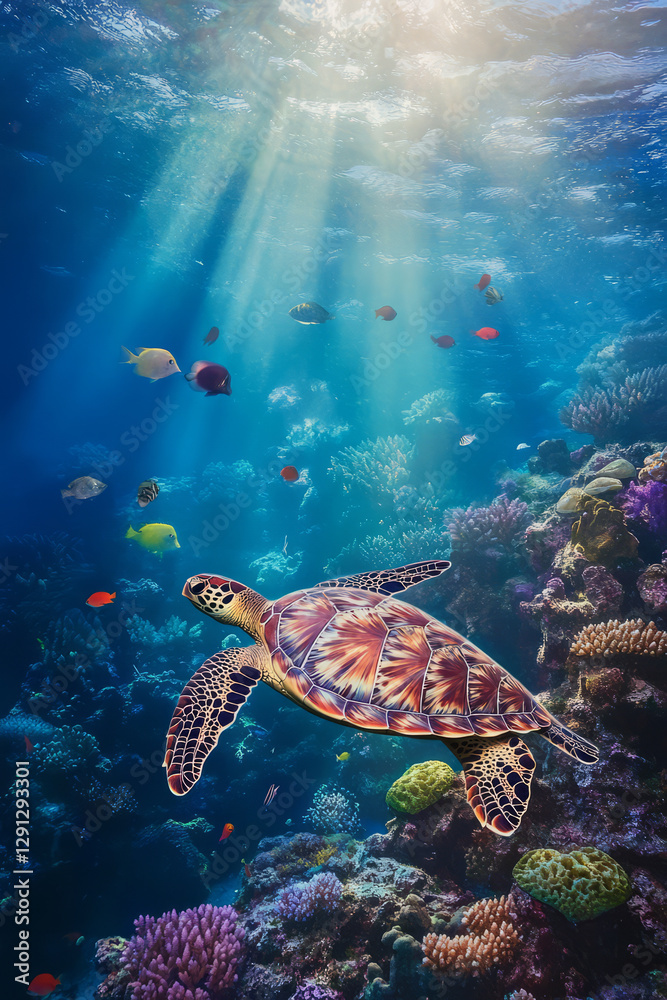 A vibrant underwater scene featuring a gentle sea turtle gliding through a colorful coral reef. Tiny fish swim around its shell, while sunlight pierces through the water, casting mesmerizing patterns A vibrant underwater scene featuring a gentle sea turtle gliding through a colorful coral reef. Tiny fish swim around its shell, while sunlight pierces through the water, casting mesmerizing patterns