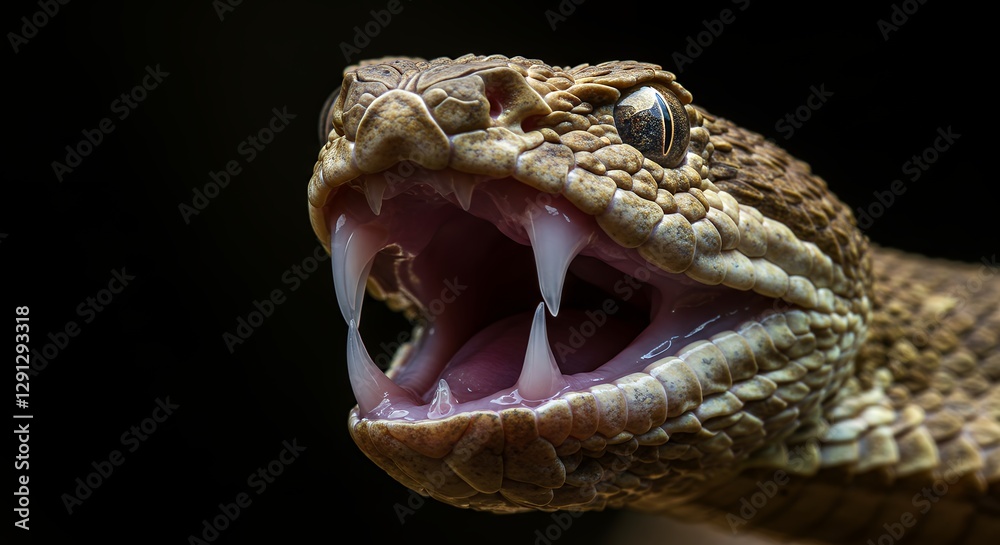 Rattlesnake head with mouth open showing fangs ready to strike Rattlesnake head with mouth open showing fangs ready to strike