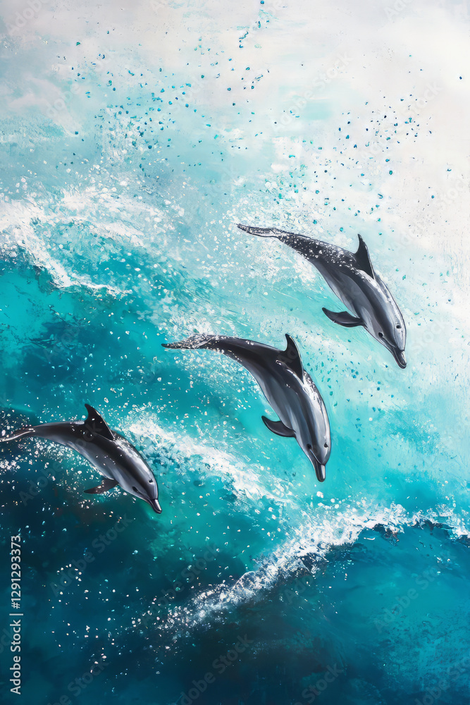 Naklejka premium A pod of dolphins leaping through turquoise waves, their sleek bodies glistening in the sunlight. Water droplets sparkle in the air as they break the surface.