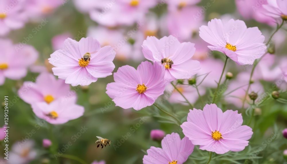 Pink Cosmos Flowers and Honeybees in a Garden