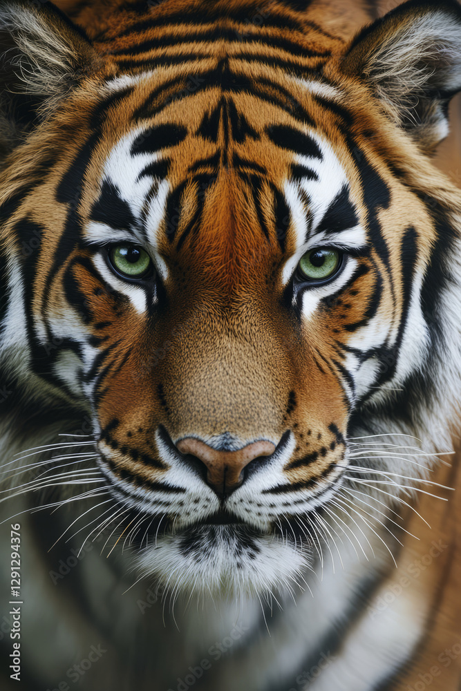 A highly detailed, close up portrait of a Bengal tiger staring directly at the viewer. The golden orange fur contrasts sharply with the bold black stripes, and the intensity of its piercing green eyes A highly detailed, close up portrait of a Bengal tiger staring directly at the viewer. The golden orange fur contrasts sharply with the bold black stripes, and the intensity of its piercing green eyes