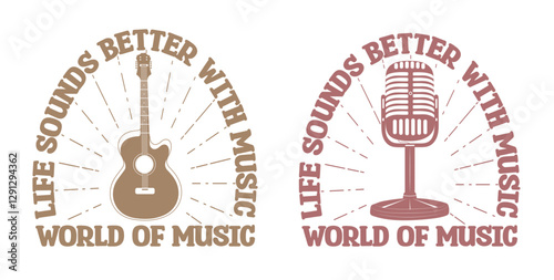 World of music, set of music concept lettering with vector microphone and guitar
