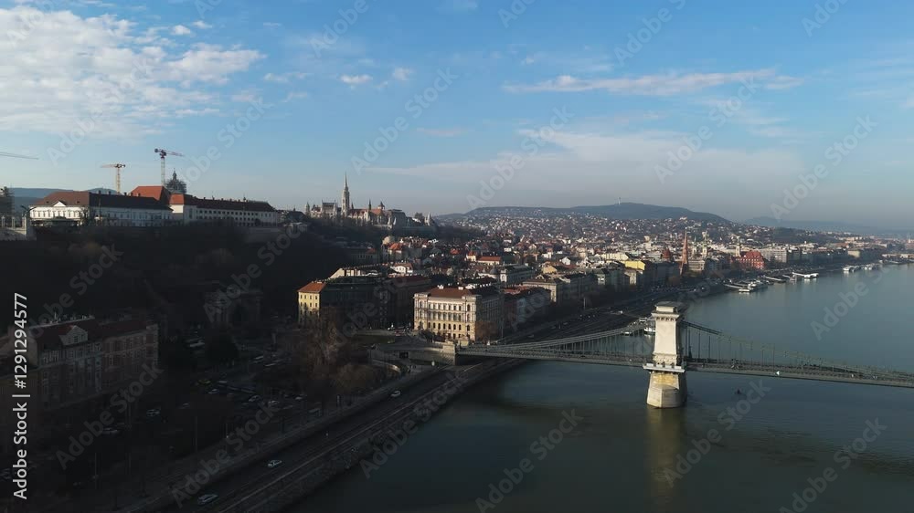 Aerial overview of Budapest skyline featuring Chain Bridge and Parliament building overlooking Danube Aerial overview of Budapest skyline featuring Chain Bridge and Parliament building overlooking Danube
