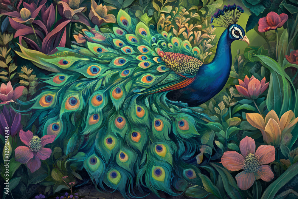 Fototapeta premium A proud peacock with its colorful feathers fully fanned out, displaying a mesmerizing array of blues, greens, and golds. The vibrant bird stands in a lush garden surrounded by blooming flowers.