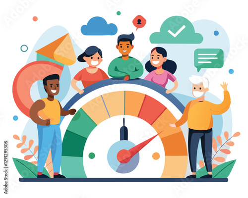 Vector cartoon illustration of a diverse group of people, including men and women of different ethnicities, working together in front of a performance meter. The meter shows increasing readings, symbo