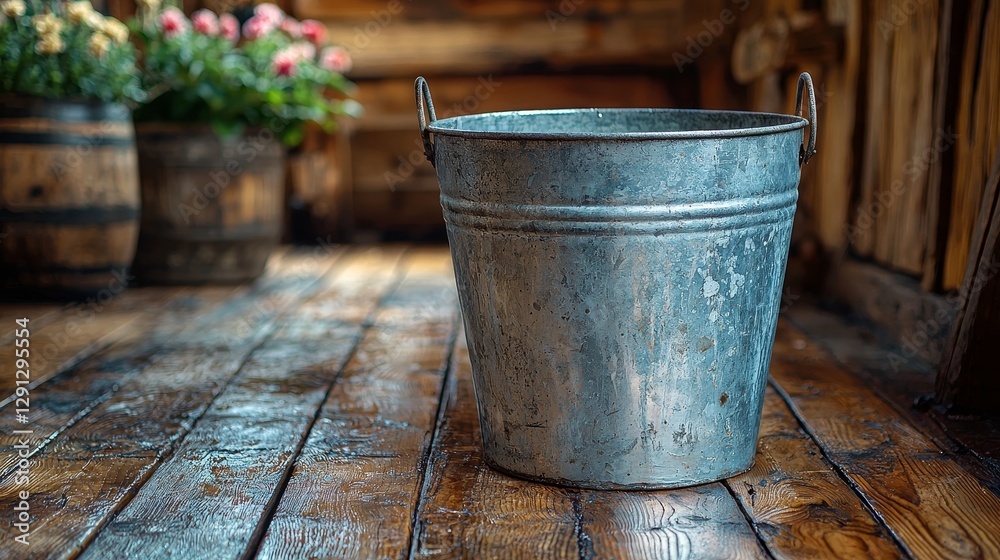 Rustic metal bucket resting on a wooden floor amidst a cozy interior setting with flowers in the background Rustic metal bucket resting on a wooden floor amidst a cozy interior setting with flowers in the background