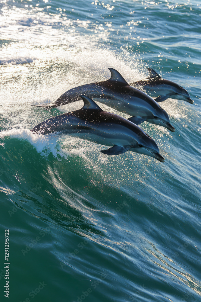 Fototapeta premium A pod of dolphins leaping through turquoise waves, their sleek bodies glistening in the sunlight. Water droplets sparkle in the air as they break the surface.