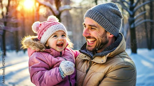 Father and baby girl laughing together in a snowy winter park, both wearing warm winter coats and hats, joyful moment of family bonding in the cold, concept of love, happiness, and family time