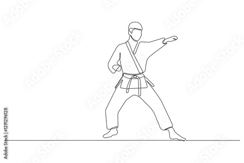 Professional taekwondo player one-line drawing. Man playing taekwondo outline vector isolated on white background.	