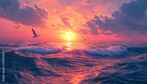 A conceptual sunset over a radiant ocean, with glowing waves and luminous birds flying into a surreal twilight