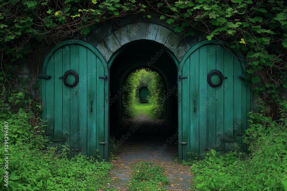 Fototapeta premium serene forest path lined with green doors instead of trees, creating whimsical atmosphere. lush greenery and archways invite exploration and curiosity