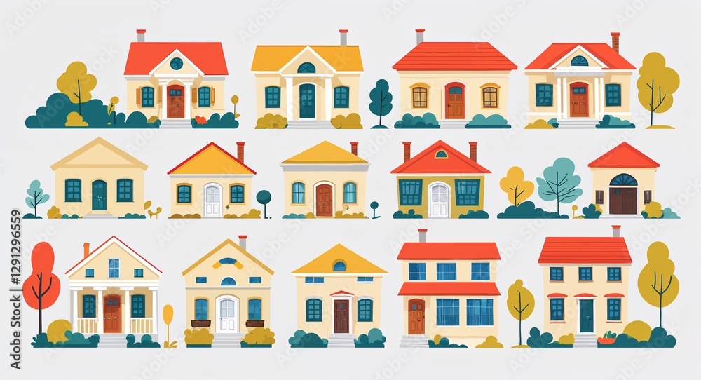 Obraz premium Set bundle of cream colonial house minimalist childish style illustration on plain white background