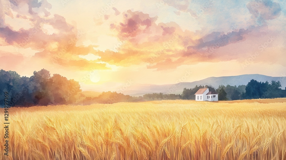 Fototapeta premium A serene sunset over a golden wheat field with a charming white house, creating a peaceful rural atmosphere.