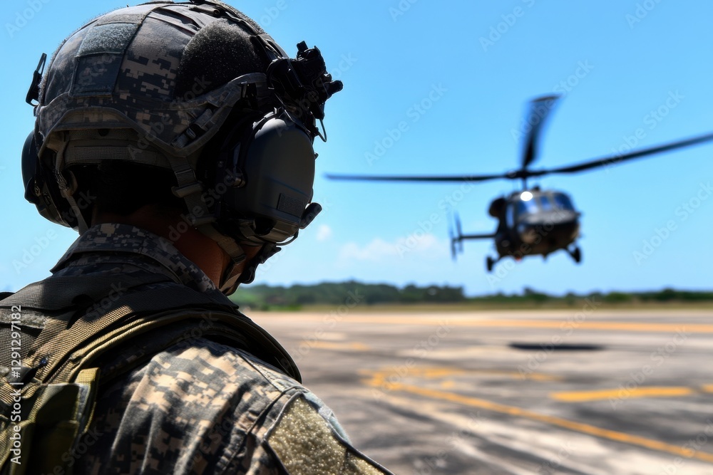 Helicopter landing on military base with soldier observing Helicopter landing on military base with soldier observing