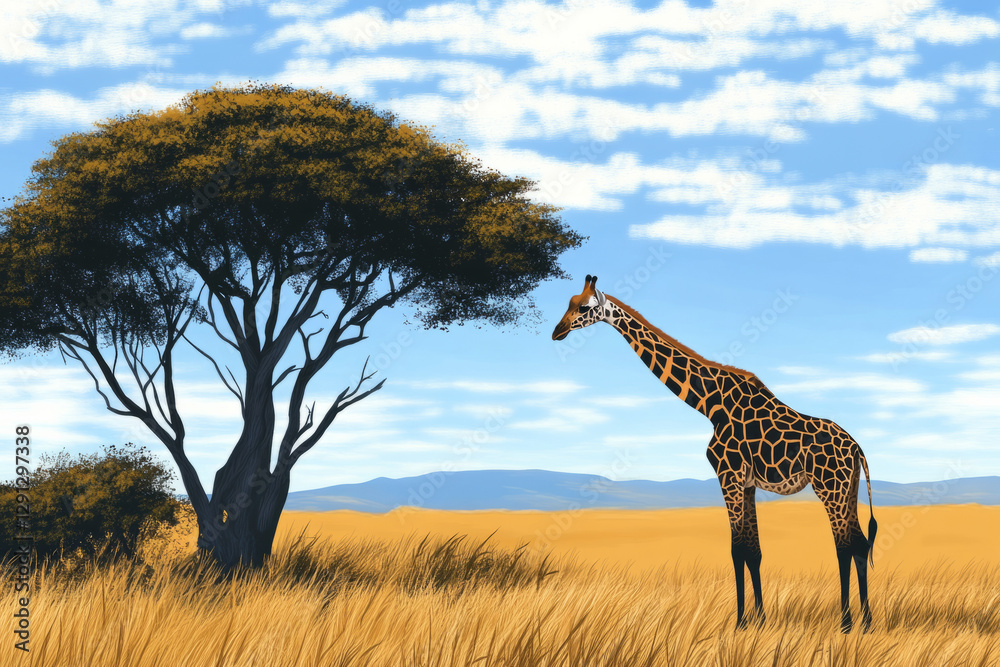 Fototapeta premium Illustration of a giraffe grazing on the treetops of the savanna, with its long neck reaching toward the branches. The golden plains and blue skies add to the grandeur of this majestic African