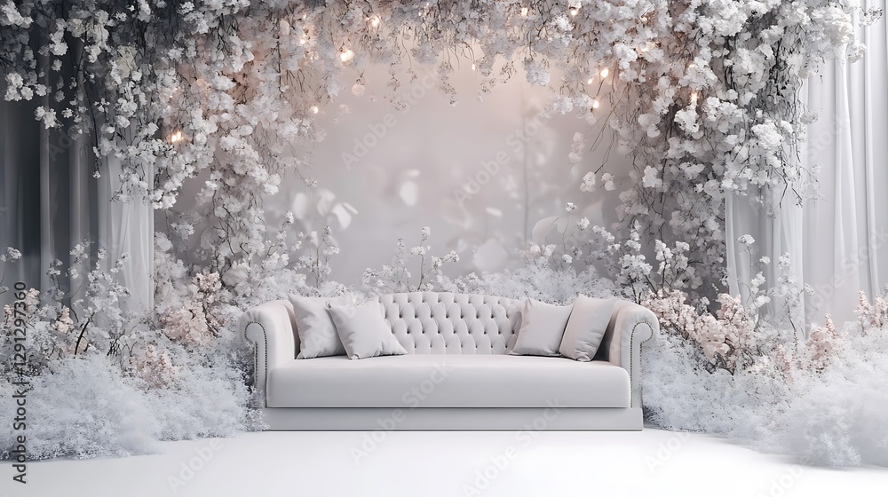 Fototapeta premium A white sofa is surrounded by white flowers and lights