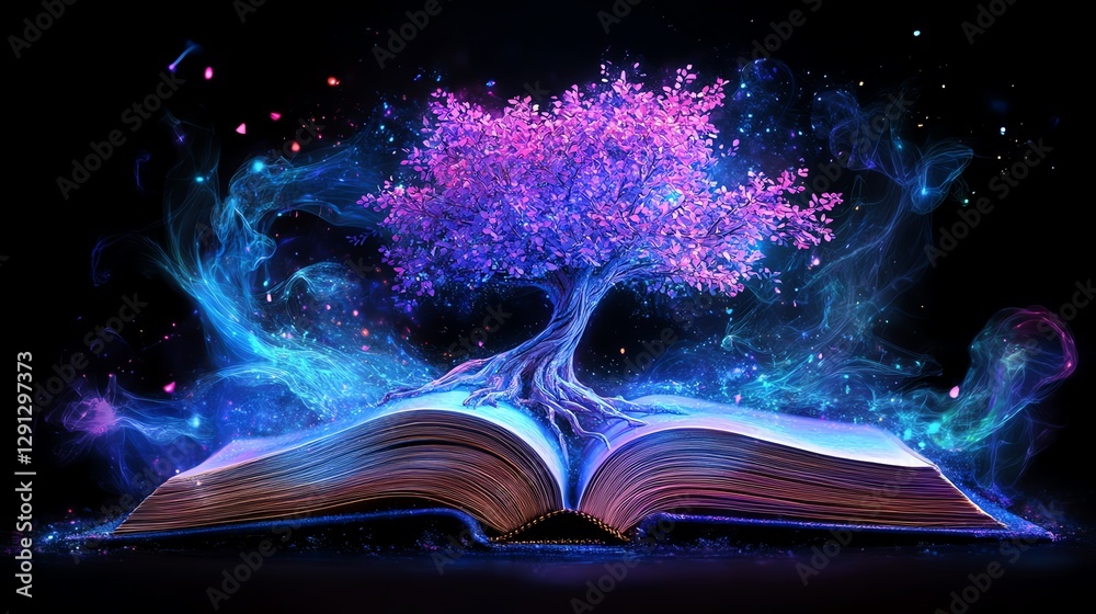 Obraz premium Open book with a tree growing from the pages, blending education and nature in a vibrant color scheme, symbolizing imagination, knowledge, and creativity flourishing