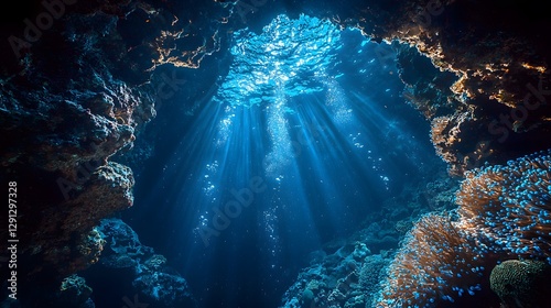 A surreal underwater cave illuminated by glowing coral formations and radiant sea creatures that pulse with light