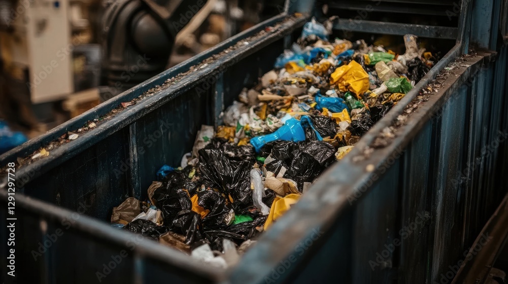 Waste sorting conveyor belt carrying plastic garbage for recycling Waste sorting conveyor belt carrying plastic garbage for recycling