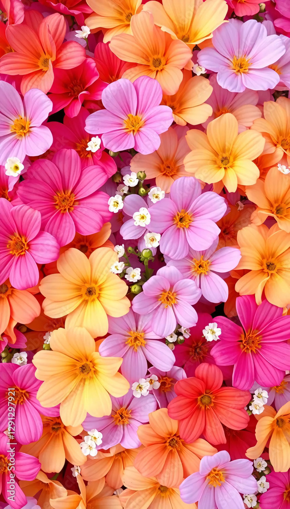 Vibrant Cluster Of Pink And Coral Flowers With Yellow Centers In Bright Light Vibrant Cluster Of Pink And Coral Flowers With Yellow Centers In Bright Light