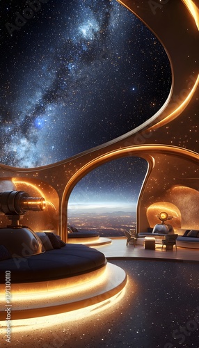 A conceptual rooftop observatory where glowing telescopes and radiant seating areas provide a breathtaking view of the stars