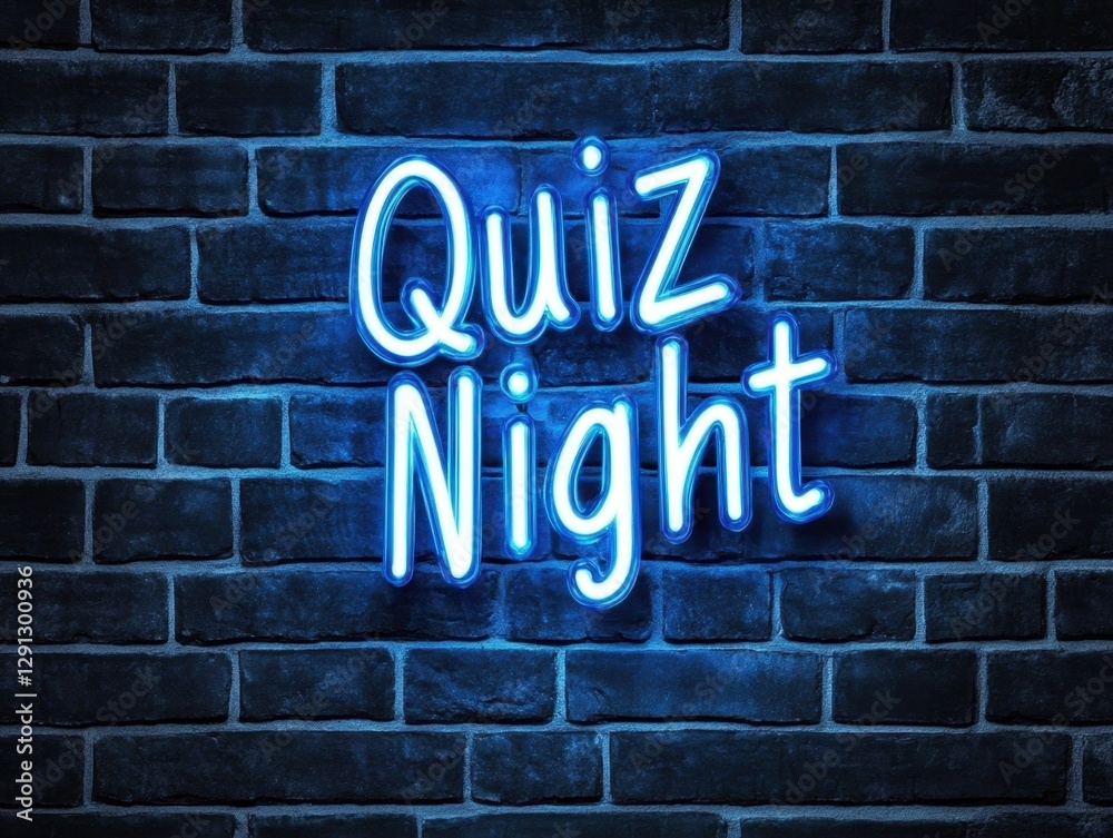 Obraz premium Quiz night neon sign glowing on brick wall