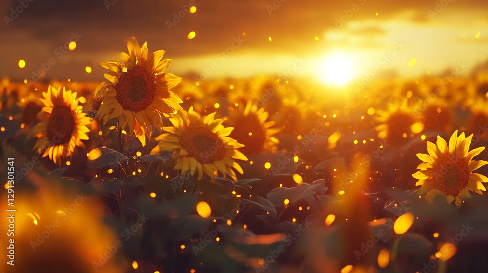 Obraz premium Sunflowers field at golden sunset with glittering particles.