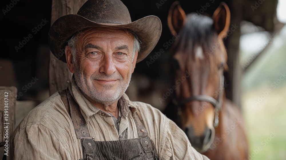 An elderly farmer in rustic attire smiles warmly while standing next to his horse in a countryside setting. An elderly farmer in rustic attire smiles warmly while standing next to his horse in a countryside setting.
