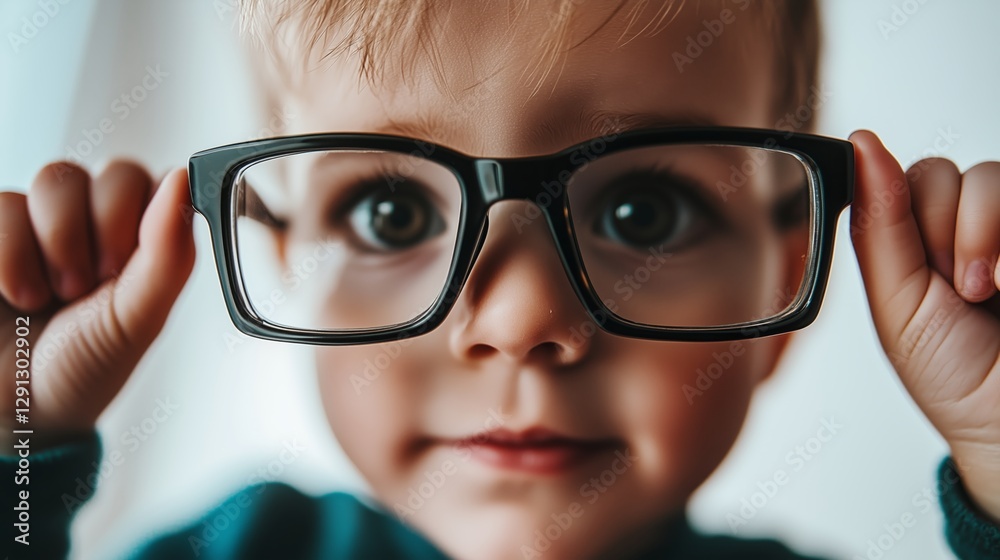 Fototapeta premium A child, blurred and out of focus, stands in the background, holding a pair of glasses.