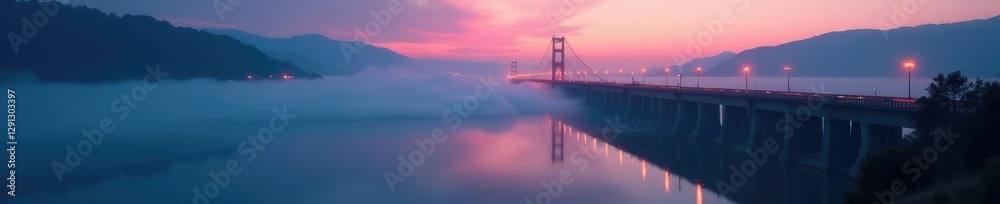 Naklejka premium Misty bridge at dusk with eerie fog rolling in, twilight, mist, bridge
