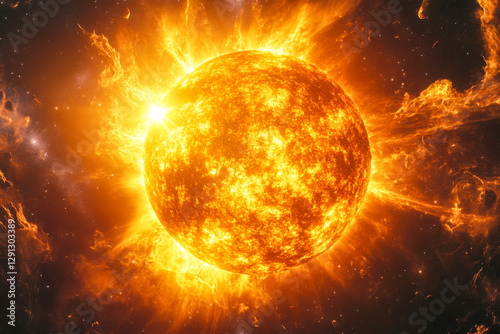 Burning sun emitting powerful solar flares in deep space, surrounded by cosmic dust and glowing plasma with intense fiery textures