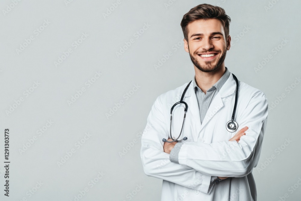 Portrait of a confident friendly young male doctor isolated on grey background. Professional image photo with copy space. Celebration of National Doctor’s Day Portrait of a confident friendly young male doctor isolated on grey background. Professional image photo with copy space. Celebration of National Doctor’s Day