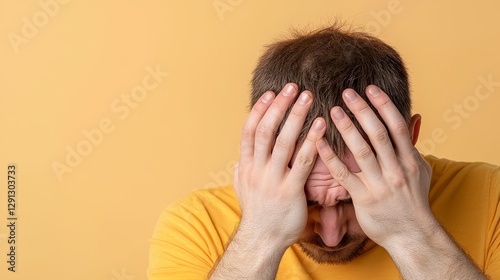 Distressed Man With Hands Over Face On Yellow Background