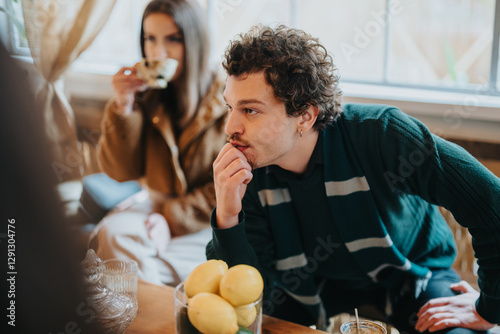 A man deeply engrossed in thought while seated at a cafe, with a woman in the background drinking tea, creating a warm and contemplative social atmosphere.