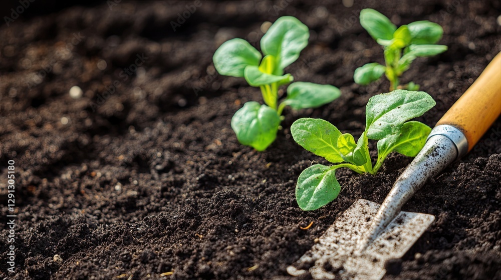 Fototapeta premium Small gardening tools laying on fertile soil with young plants growing in a spring garden