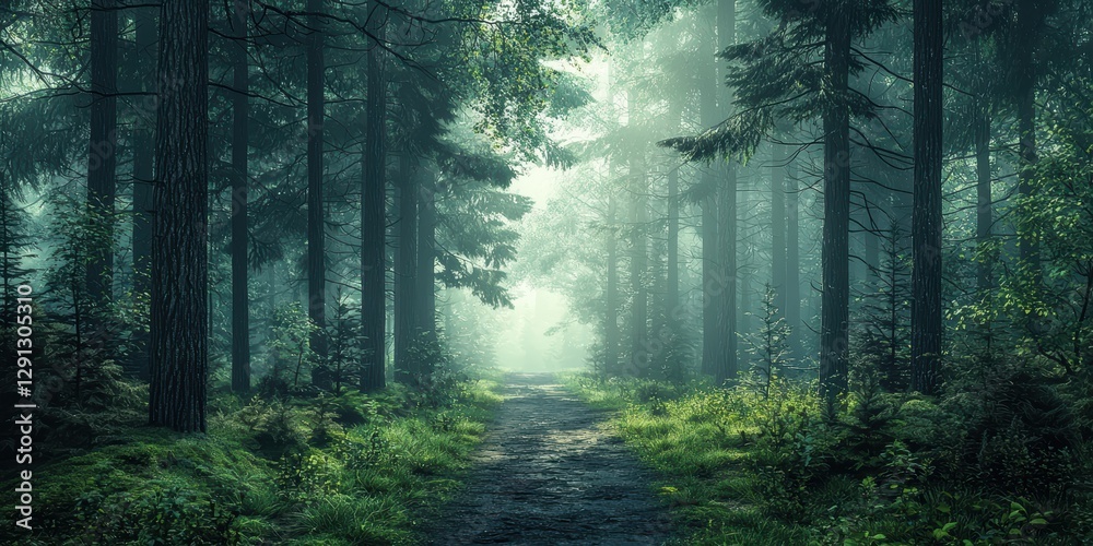 Fototapeta premium 3d background minimalistic mockup with space for text, deep forest path surrounded by tall trees with misty light filtering through