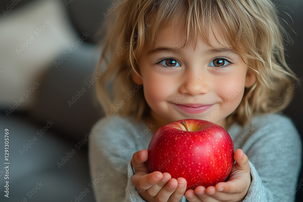 Smiling Child Holding a Fresh Red Apple Smiling Child Holding a Fresh Red Apple