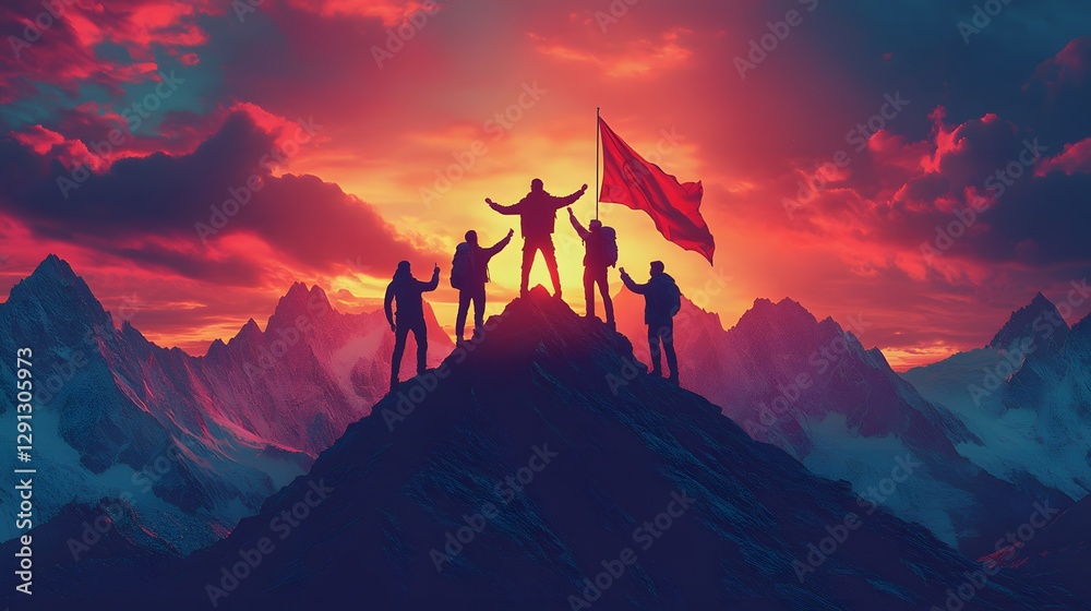 Fototapeta premium Group of professionals celebrating success on top of a mountain, teamwork concept, abstract vector style