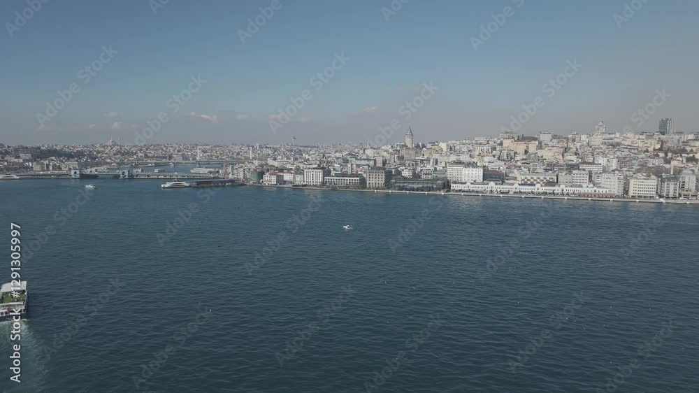 Galata Tower in Istanbul, view from the sea, drone shot Galata Tower in Istanbul, view from the sea, drone shot