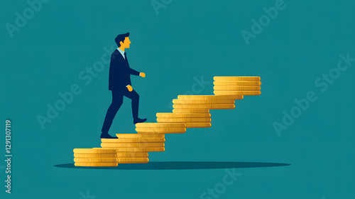 Business figure stepping up golden coin stairs, achieving financial milestones, clean flat vector photo